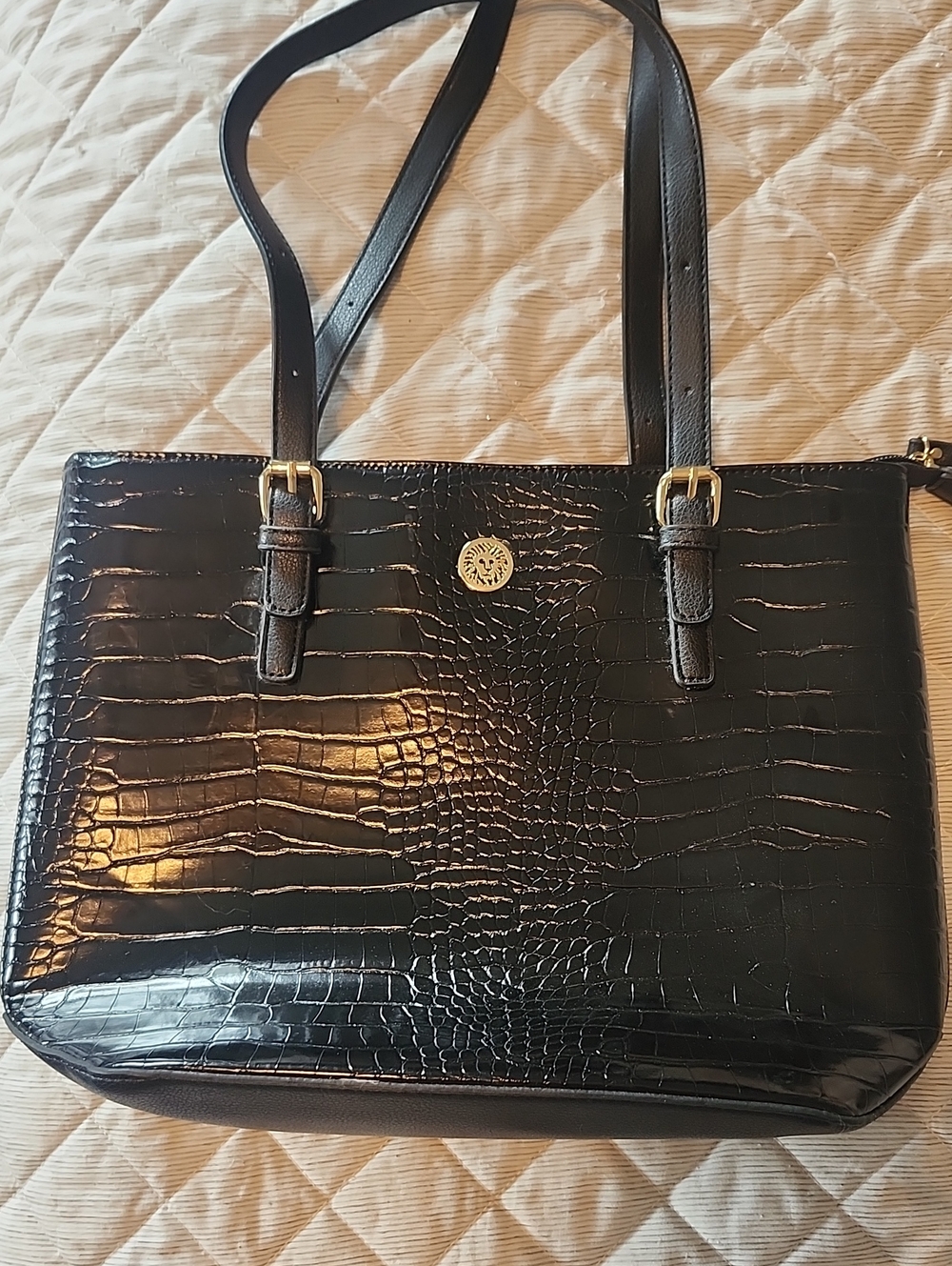 Black Croc-Embossed Tote Bag with Gold Accent